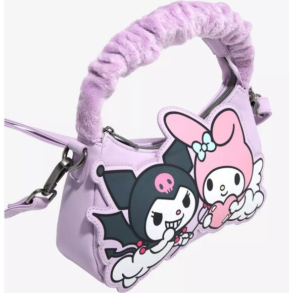 Loungefly - Kuromi & My Melody Devil & Angel Fuzzy Handle Crossbody Bag - NEW - Picture 2 of 4